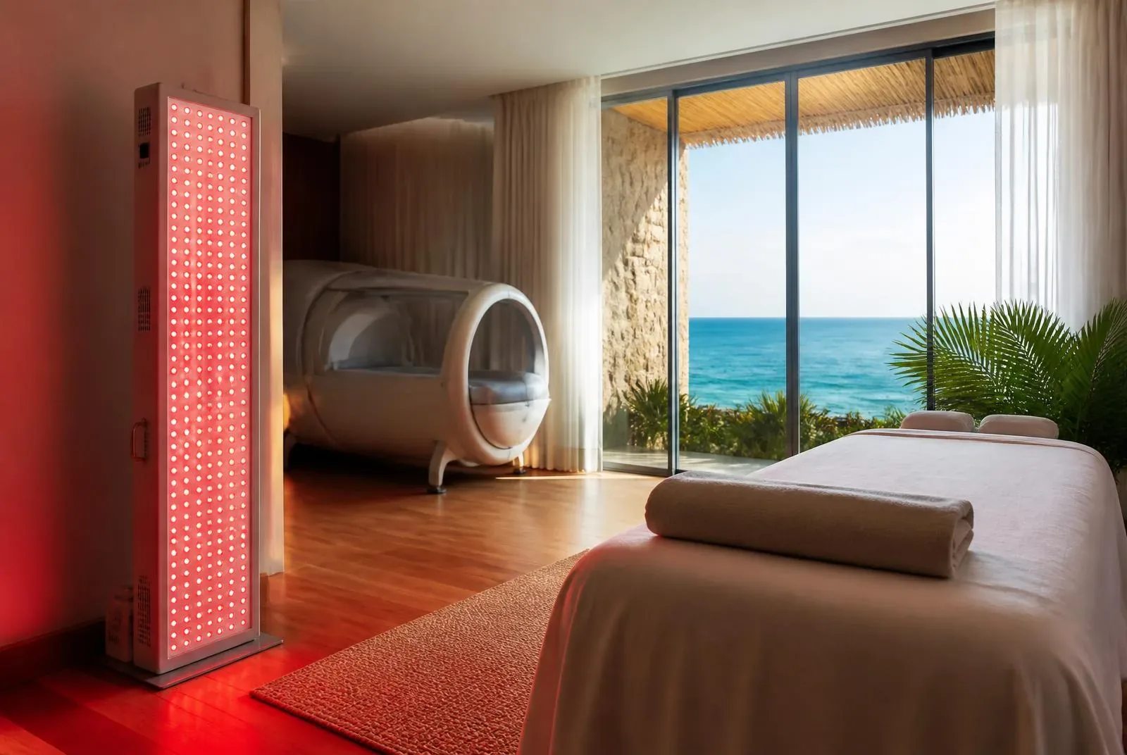 Treatment room with a red light panel, hyperbaric capsule and massage bed facing a sea view window