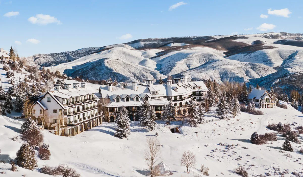Aerial view of the lodge buildings among snow-covered slopes and mountains near Edwards, Colorado