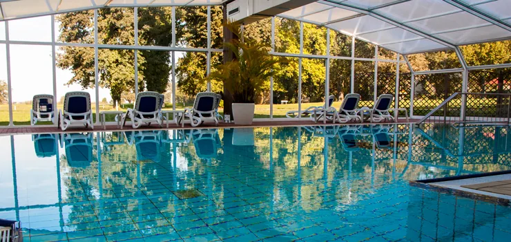 Indoor swimming pool under a glass roof with loungers and a view of trees outside