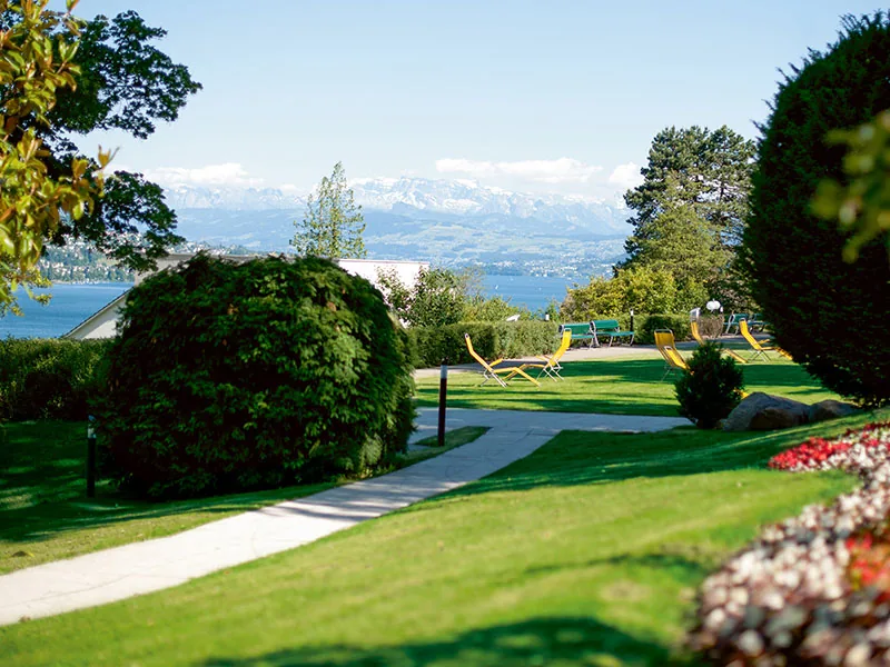 Clinic park with lawns, a footpath and shrubs, Lake Zurich and snowy Alps in the distance
