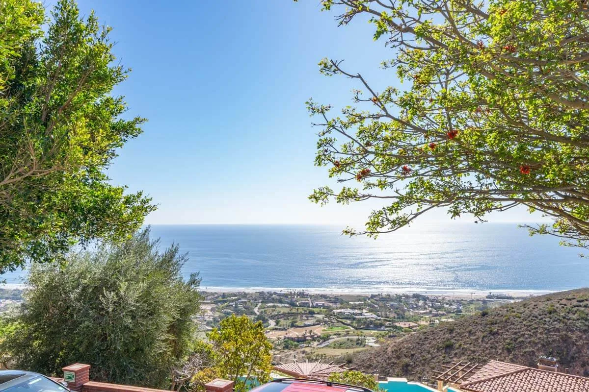 View from a planted hillside over Malibu rooftops toward the Pacific Ocean under a clear sky