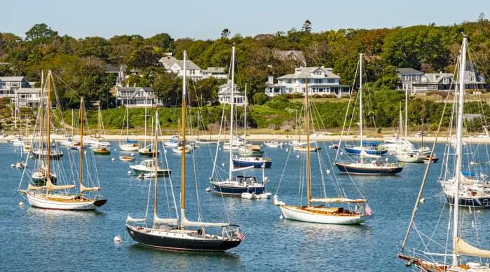 Sailboats moored in a calm harbour with wooded hills and waterfront houses behind