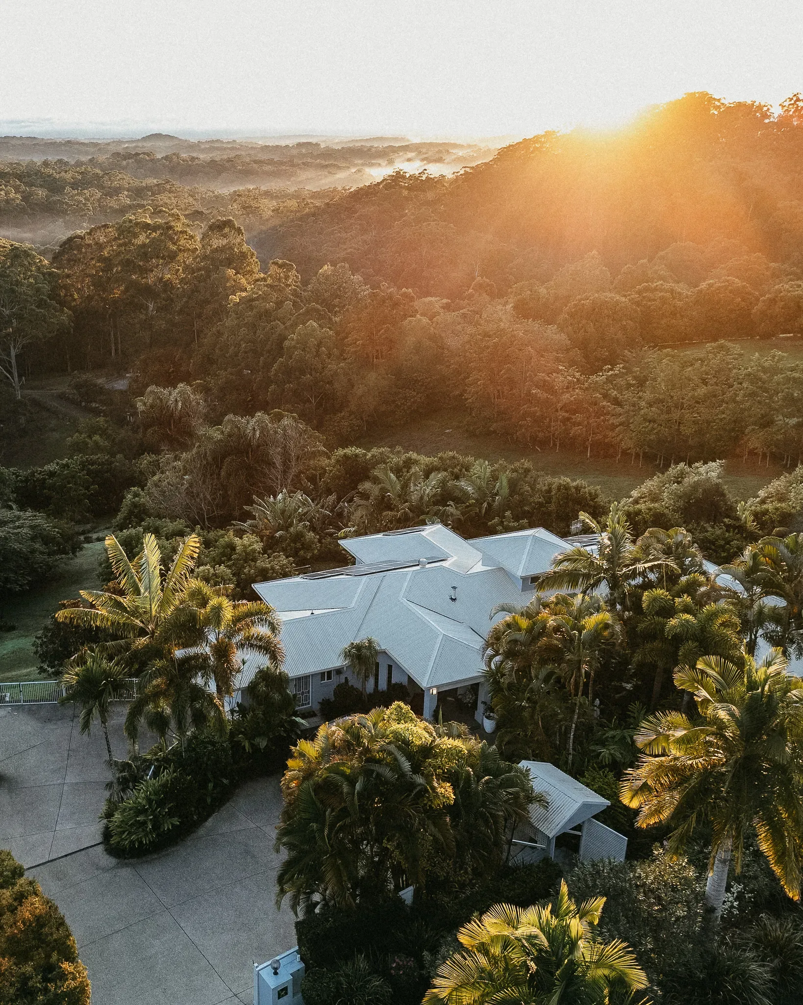 Aerial view at sunset of a white-roofed house among palms with forested hills behind