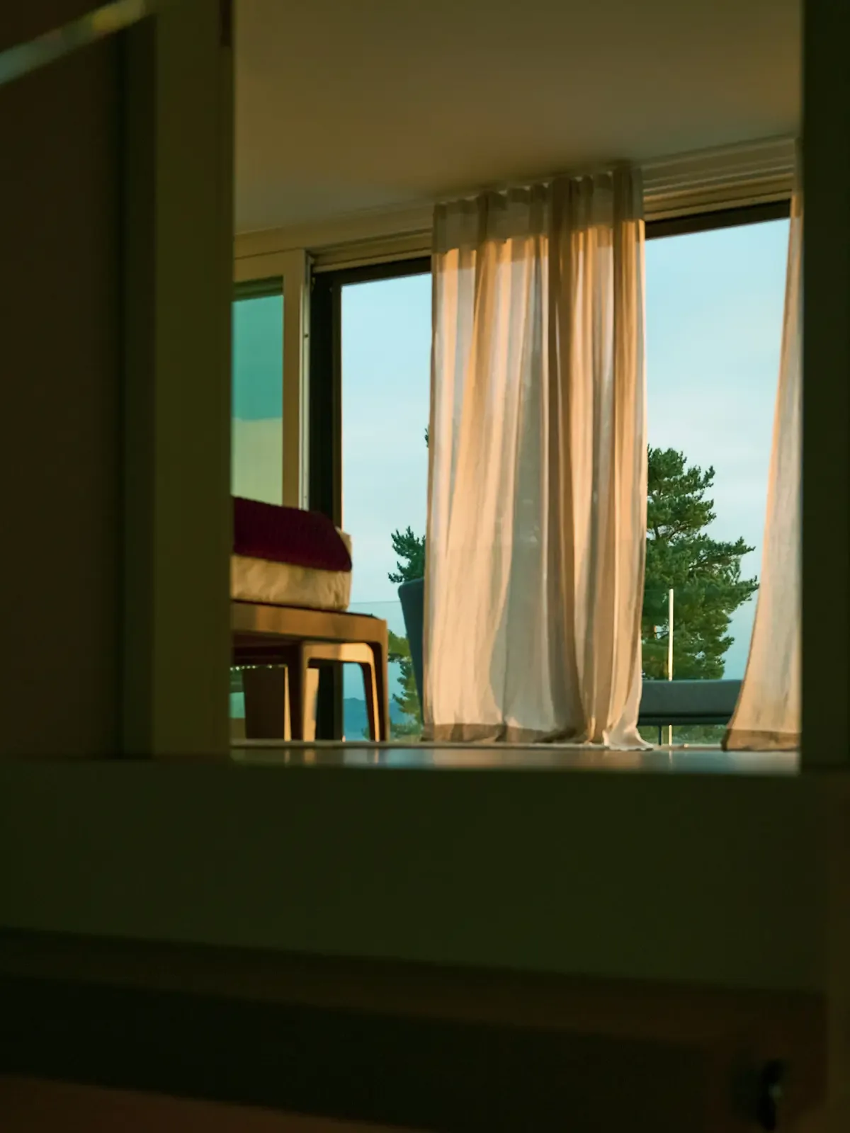 Bright room seen through a dark doorway, with sheer curtains and trees and sky beyond the windows
