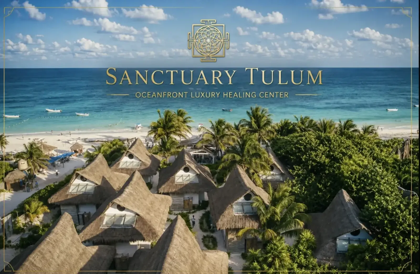 Aerial view of thatched palapa roofs among palm trees beside a white sand beach and turquoise sea
