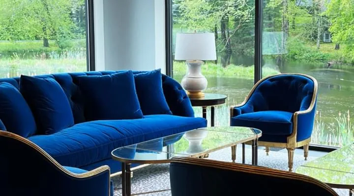 Living room with blue velvet sofas, a glass coffee table and floor-to-ceiling windows facing a pond