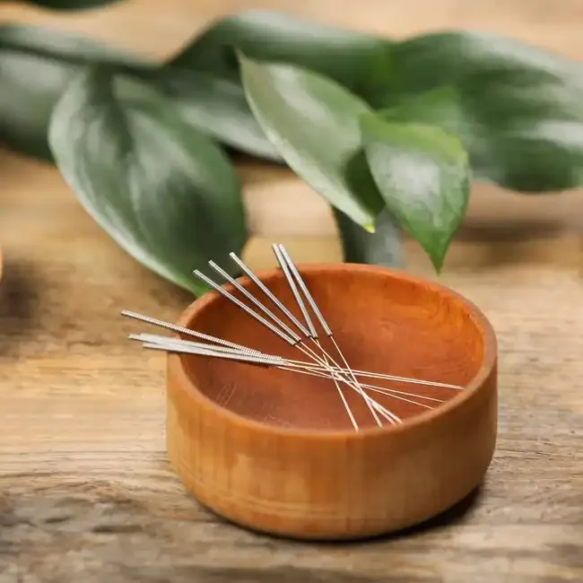 Acupuncture needles resting in a wooden bowl on a table beside green leaves
