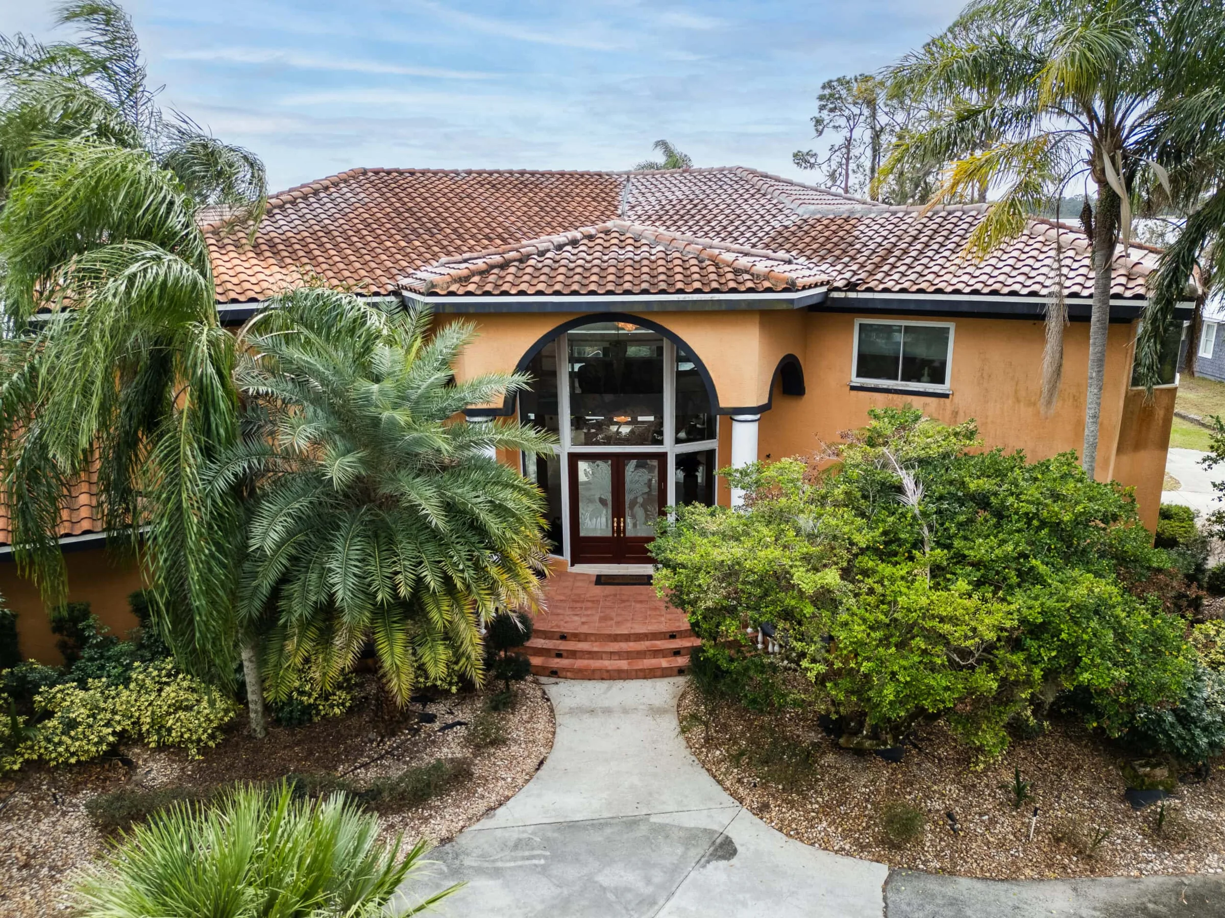 Brick steps and a curving path lead to the arched glass entrance of the house between palms and shrubs