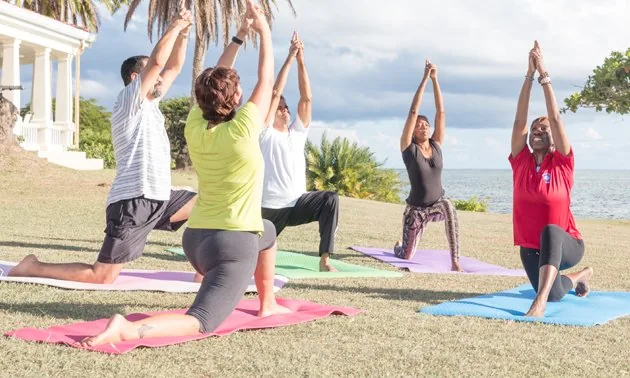 Group doing a yoga pose on mats on a lawn beside the sea next to a white columned building