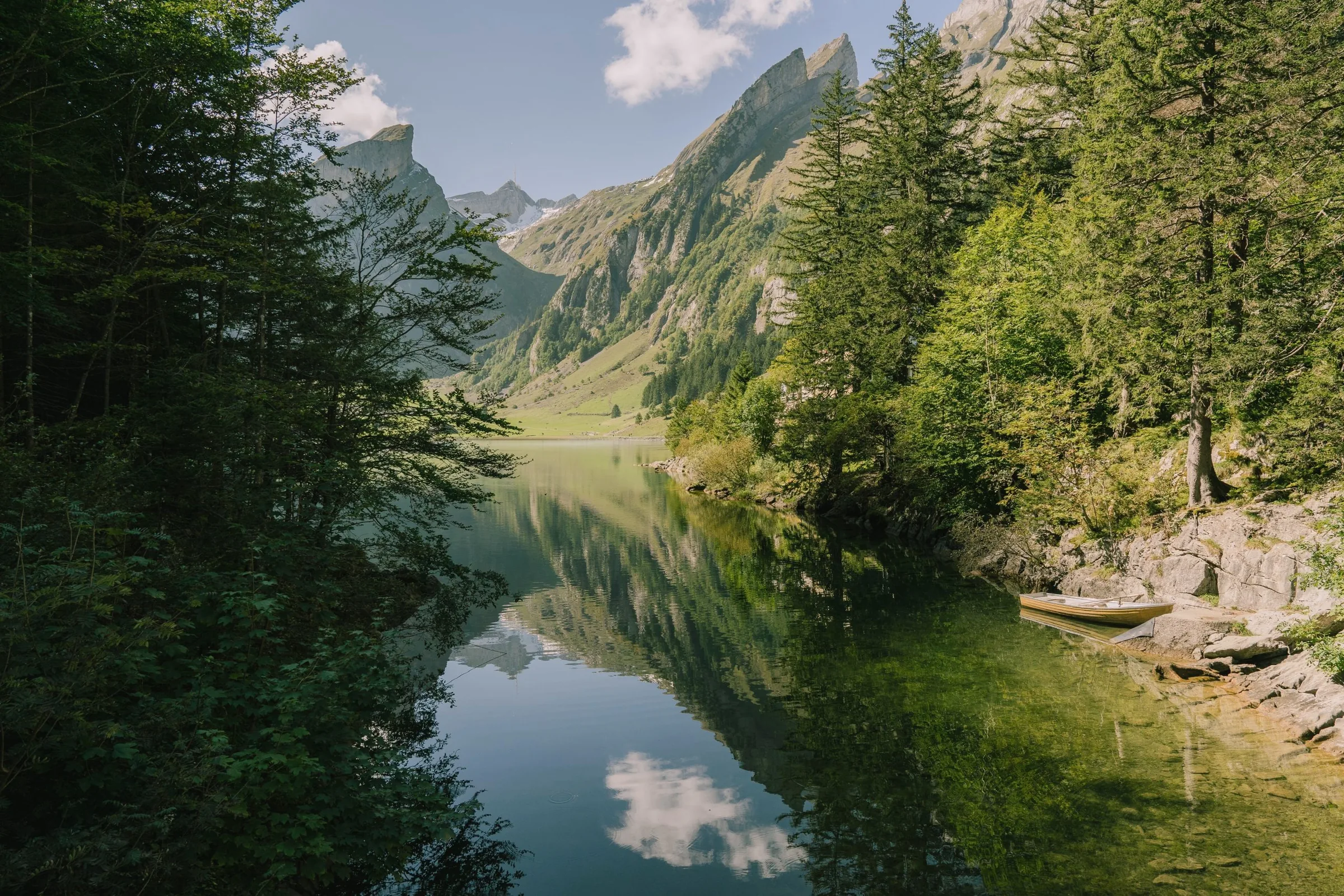 Still mountain lake reflecting fir trees and steep green slopes under a blue sky