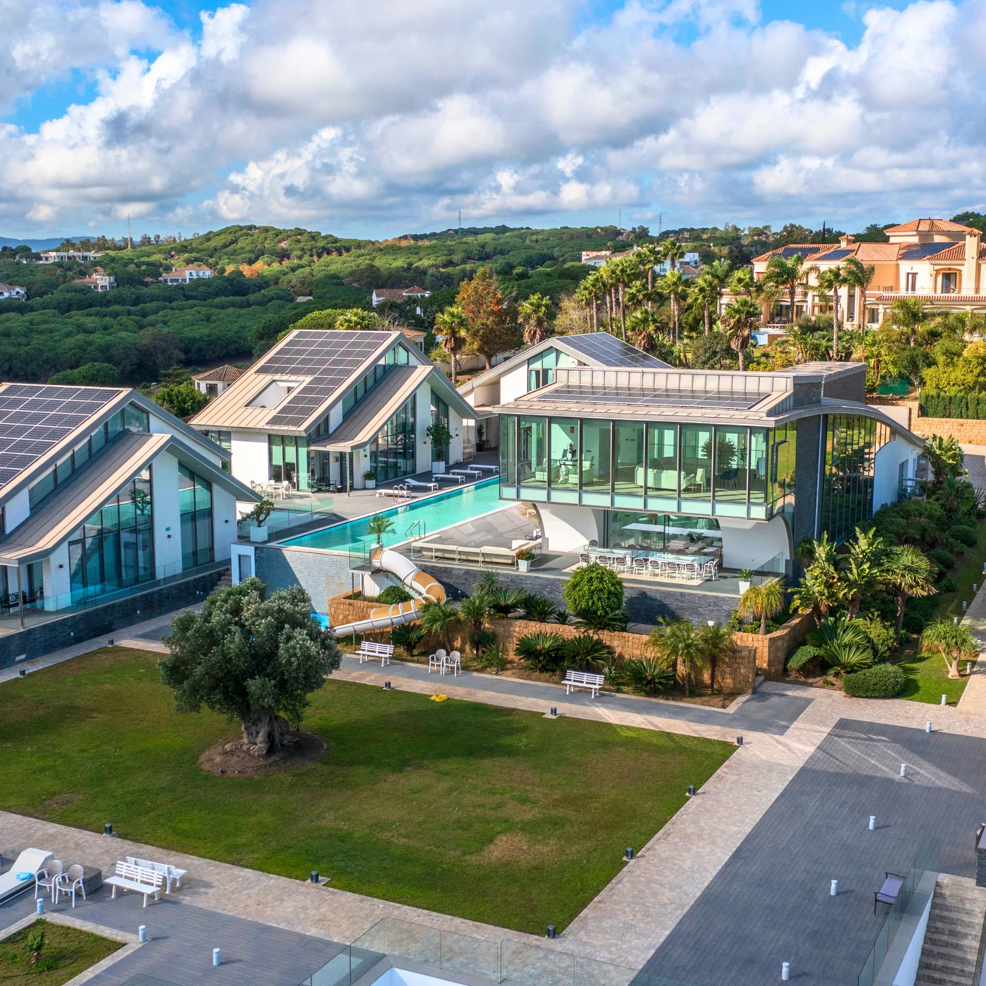 Aerial view of modern villas with glass facades, a pool, lawn and olive tree among wooded hills