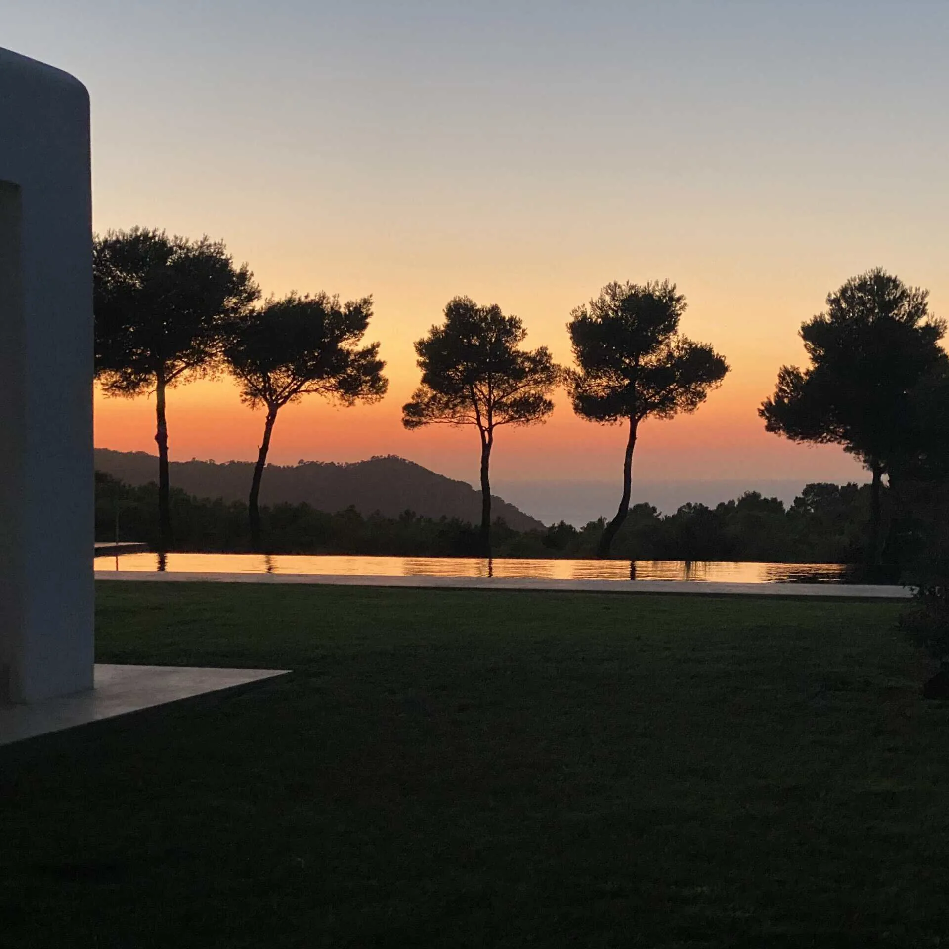 Villa lawn and long pool edge with umbrella pines silhouetted against an orange sky at dusk