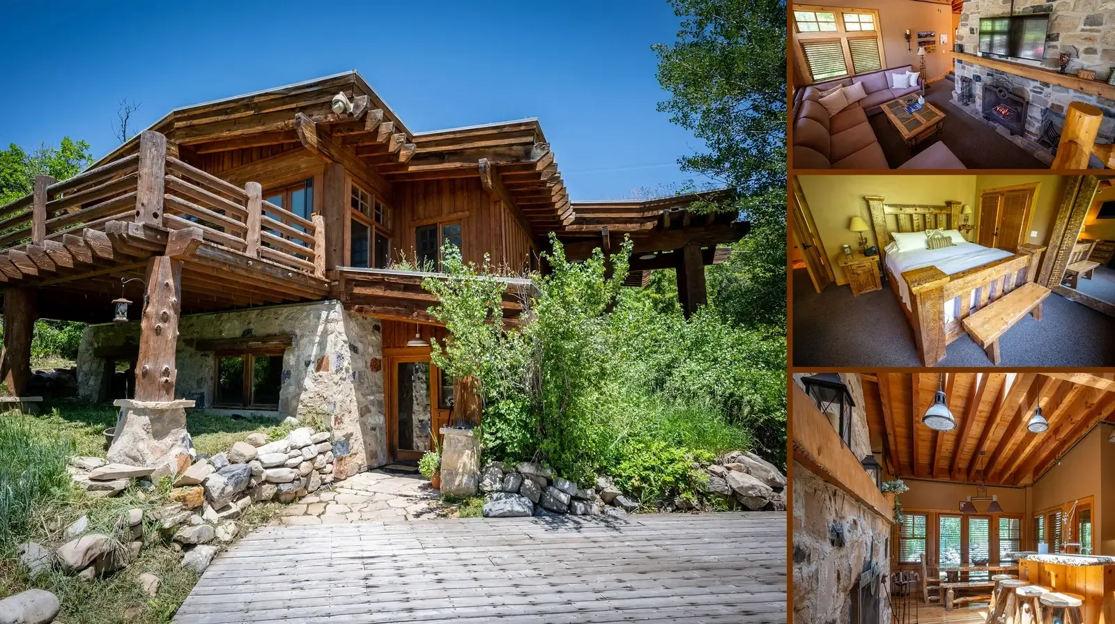 Collage of the timber lodge with a stone patio, a guest bedroom and a wood panelled dining room