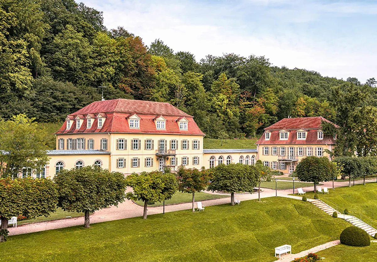 Yellow palace buildings with red roofs above terraced lawns and a tree-lined path in Bad Brückenau