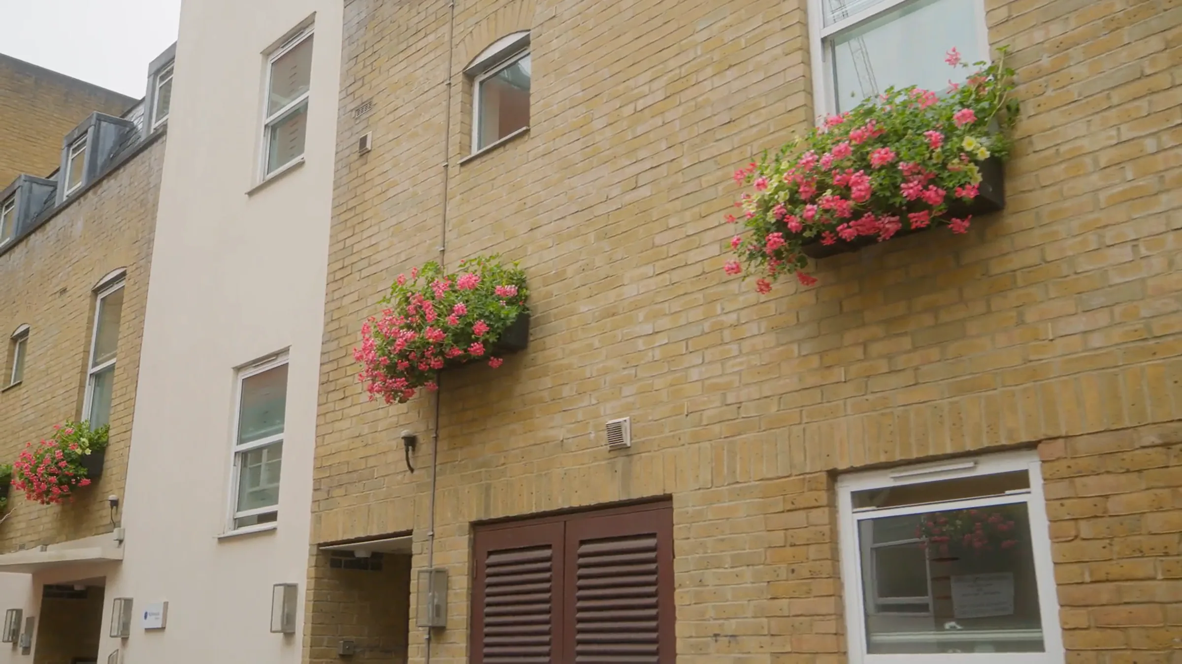 Yellow brick mews building with window boxes of pink flowers and shuttered ground floor doors